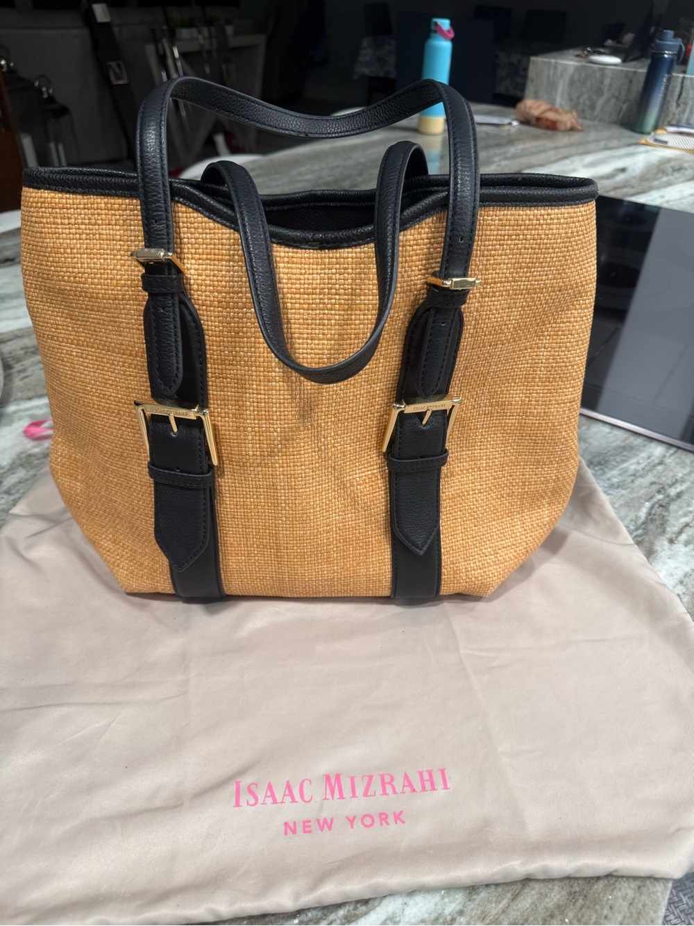 Isaac Mizrahi Tan Woven Tote with Black Trim and Gold Hardware